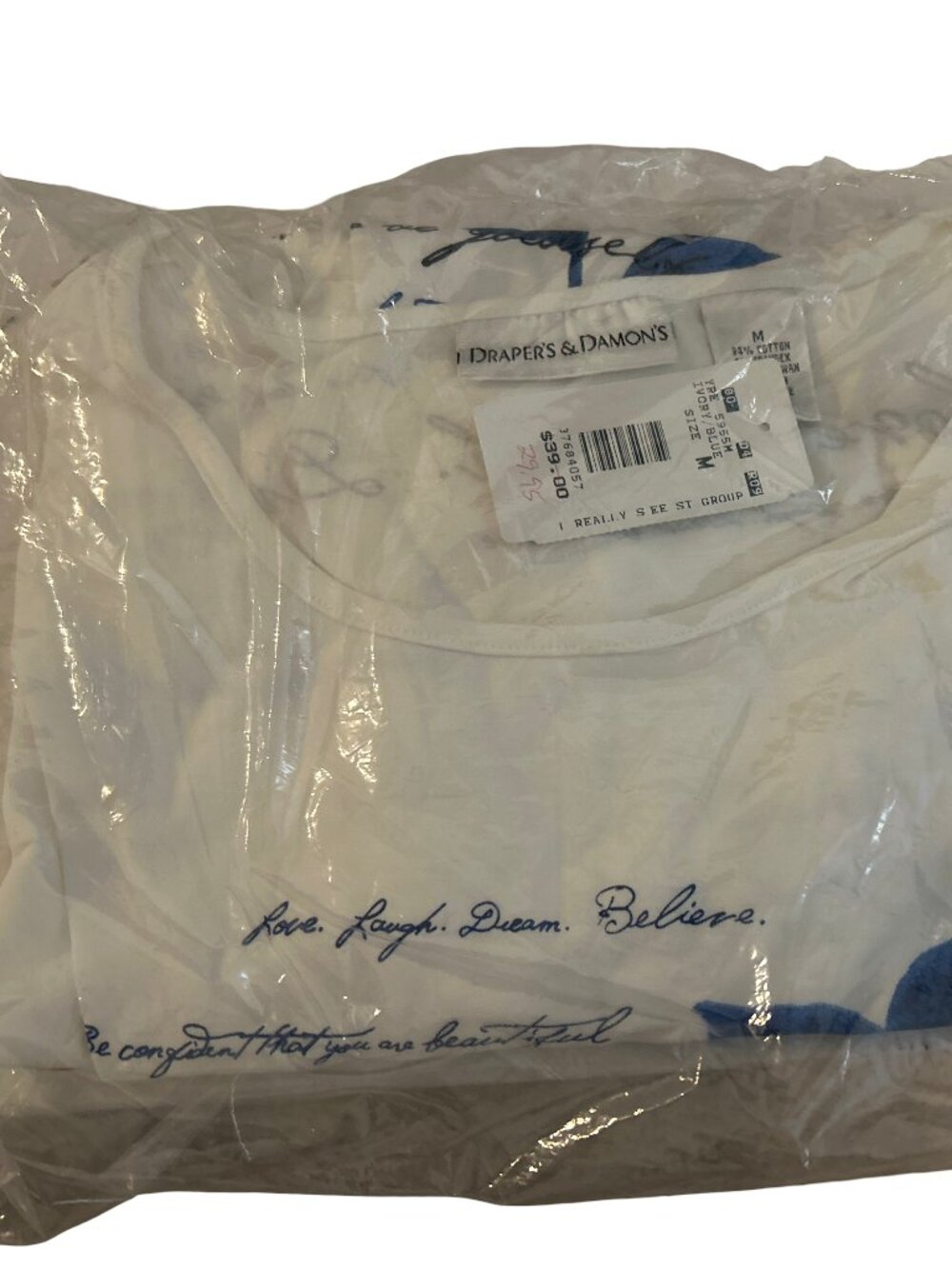 Rare NWT Draper's & Damon's Floral Script Top Blouse Ivory Blue Size Medium